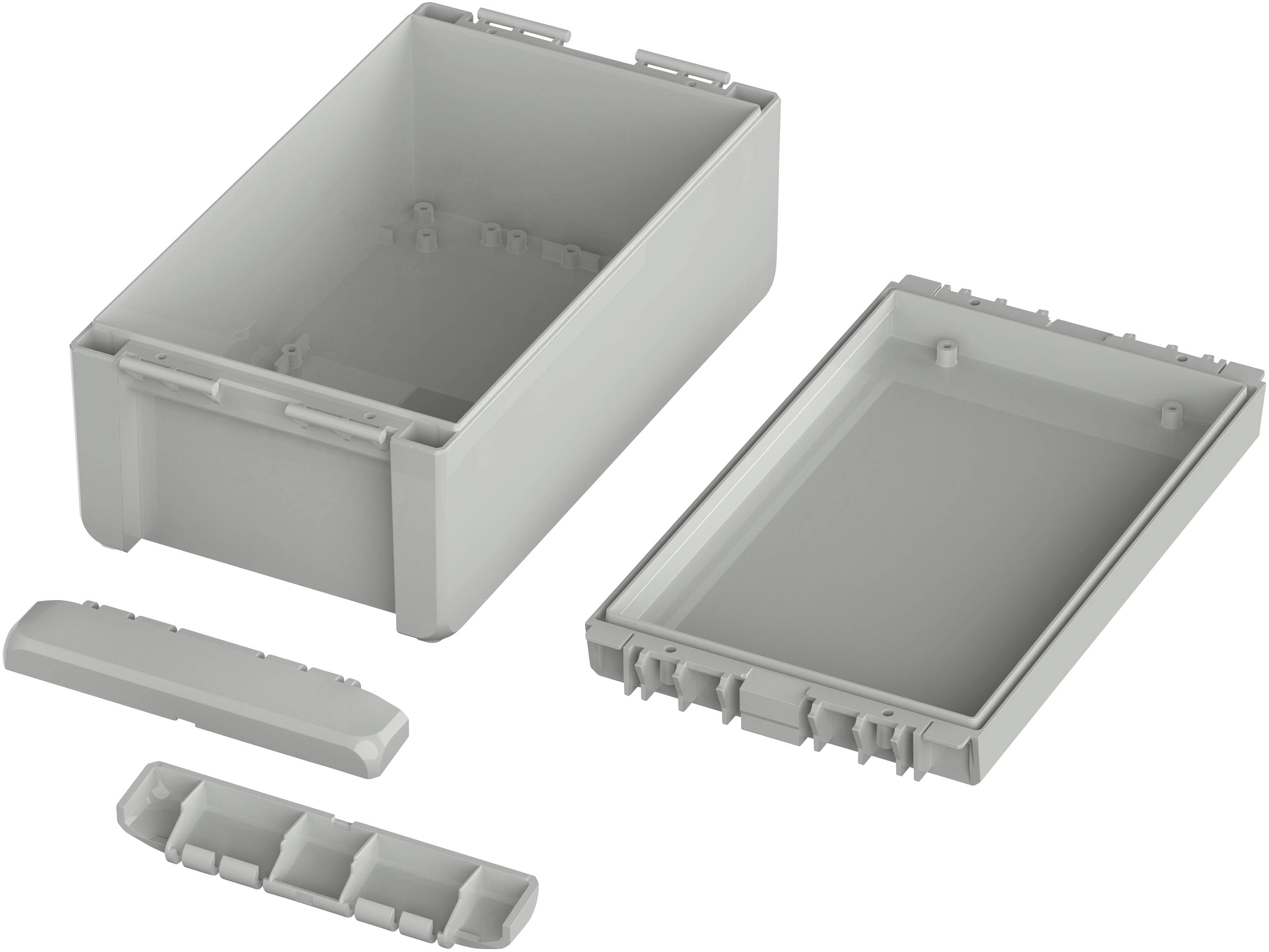 Un boîtier en plastique gris, composé d'un corps principal rectangulaire, d'un couvercle et de plusieurs petits composants.