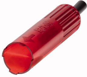 Clé en plastique rouge avec une poignée striée et une flèche. Elle sert à ouvrir rapidement et facilement certains types de verrous.