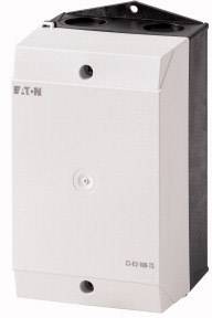 Un boîtier électrique rectangulaire blanc avec deux ouvertures rondes sur le dessus et le logo 'EATON' sur la gauche à l'avant.