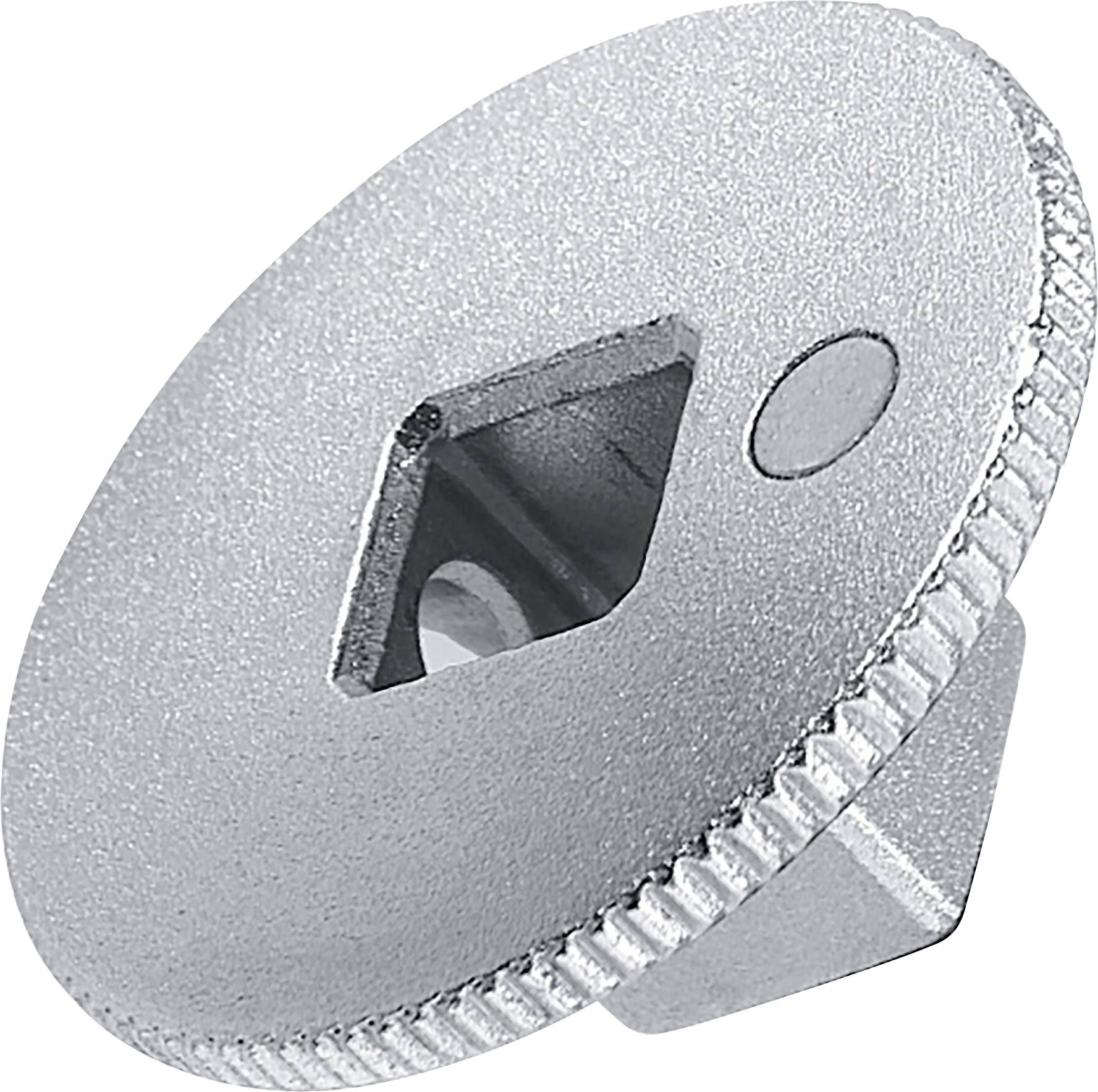 Disque métallique avec un évidement hexagonal au centre et un bord strié, probablement une pièce d'outil ou un adaptateur.