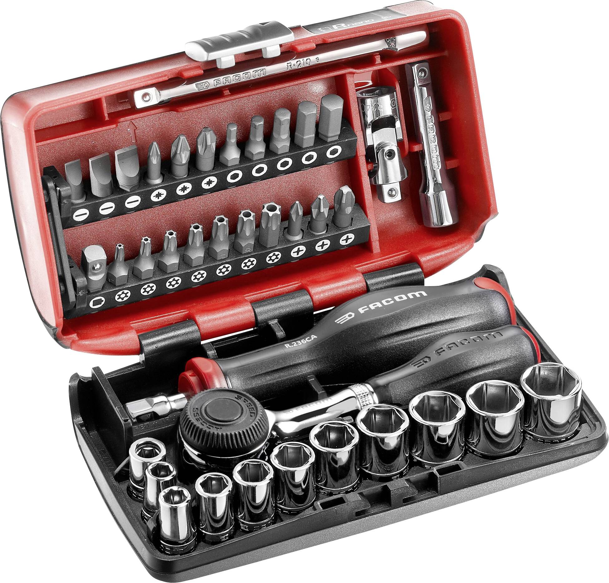Boîte à outils contenant différents embouts de tournevis, embouts et écrous. Design principalement rouge et noir, compact et bien organisé.