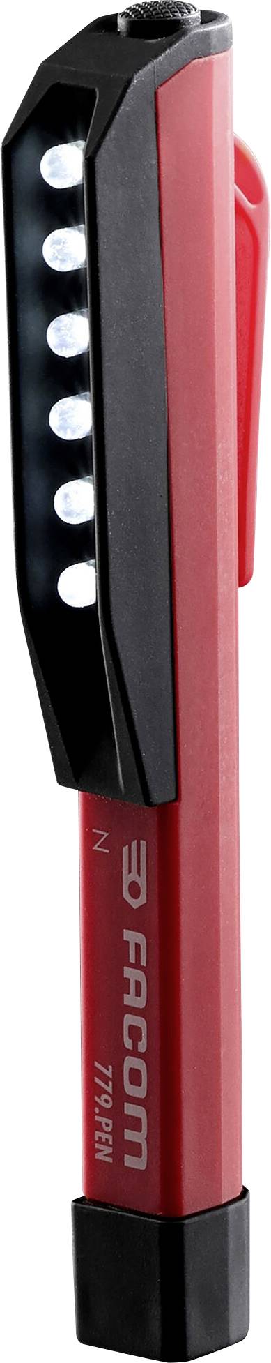 Stylo lampe de poche rouge avec clip noir et plusieurs petites LED sur le côté. Nom de marque 'FACOM' visible sur la face avant.