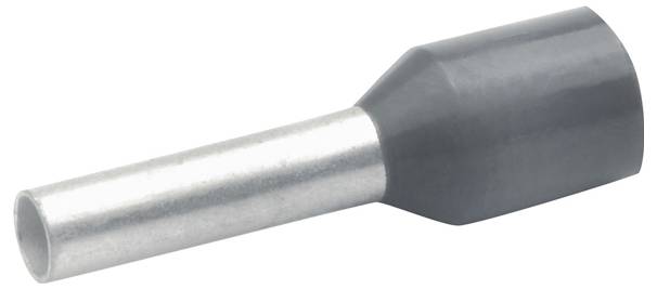 Close-up of a gray ferrule terminal connector with a metal sleeve used for crimping electrical wires.