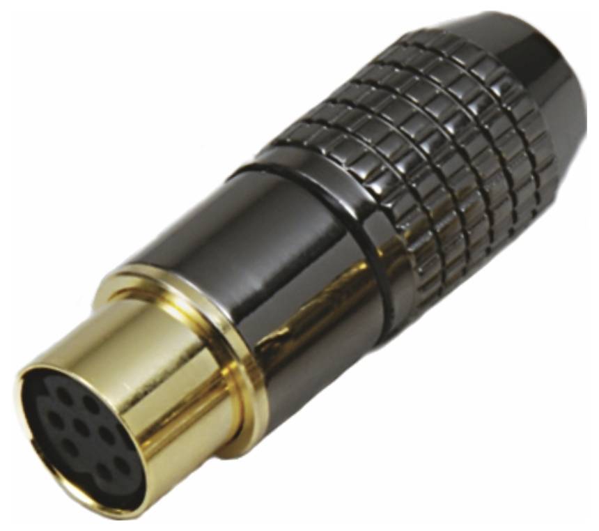 Un connecteur DIN noir à six broches avec des contacts dorés, couramment utilisé pour les appareils audio ou MIDI.