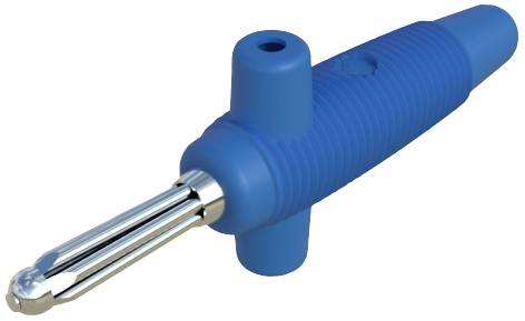Fiche banane bleue avec gaine isolante et embout métallique, connecteur latéral et supérieur pour des connexions électriques sécurisées.