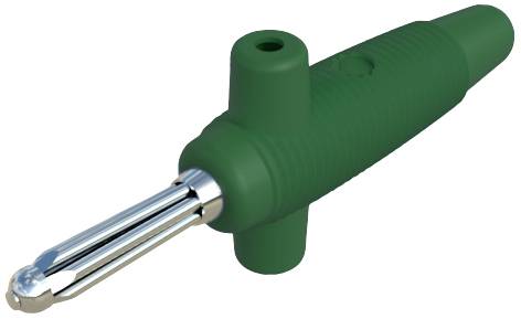 Fiche de protection verte avec pointe métallique et deux gaines isolantes, utilisée pour une connexion électrique sécurisée.