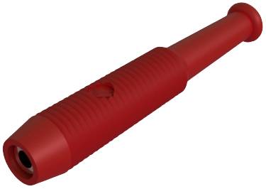 Pièce cylindrique en plastique rouge avec une surface rainurée et un trou au centre, pouvant être une poignée ou un boîtier.