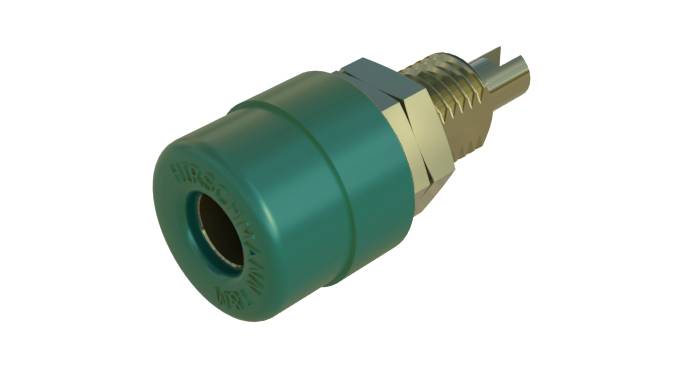 Un capteur de pression vert avec raccord métallique, représenté de côté. Utilisé dans les systèmes hydrauliques pour mesurer la pression.