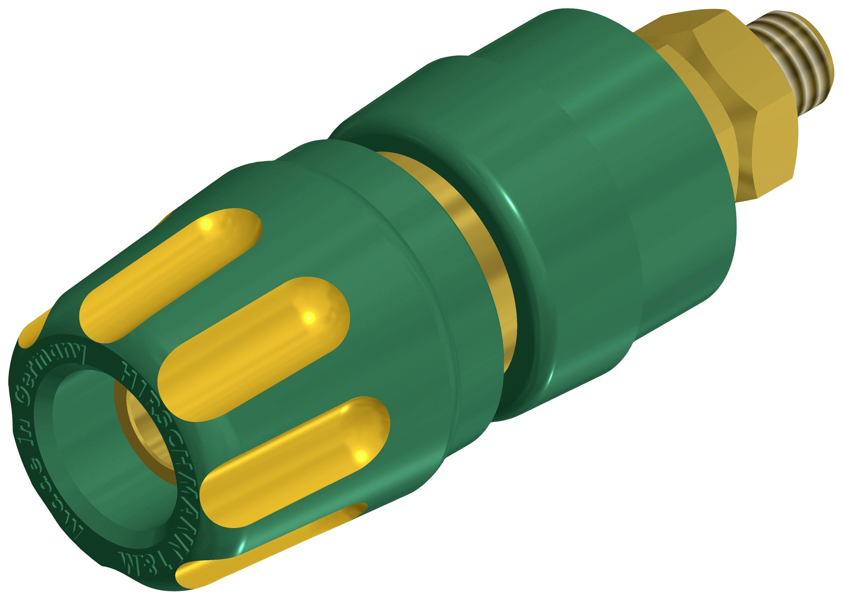 Pièce en plastique verte et jaune filetée, probablement une buse ou un adaptateur, représentée sur un fond blanc.