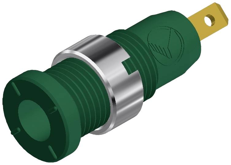 Une prise électrique en plastique vert avec anneau métallique, adaptée aux connexions électriques.