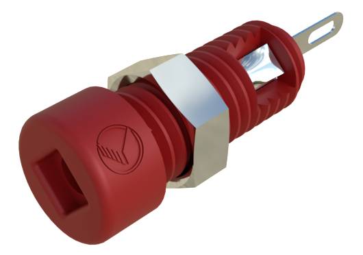 Fiche banane rouge isolée avec poignée en plastique striée et embout métallique, adaptée aux connexions électriques.