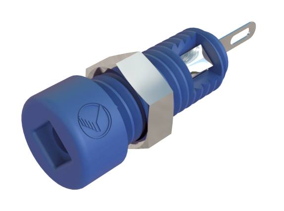 Un support de fusible cylindrique bleu avec des bornes métalliques à connexion et un couvercle portant un symbole carré.