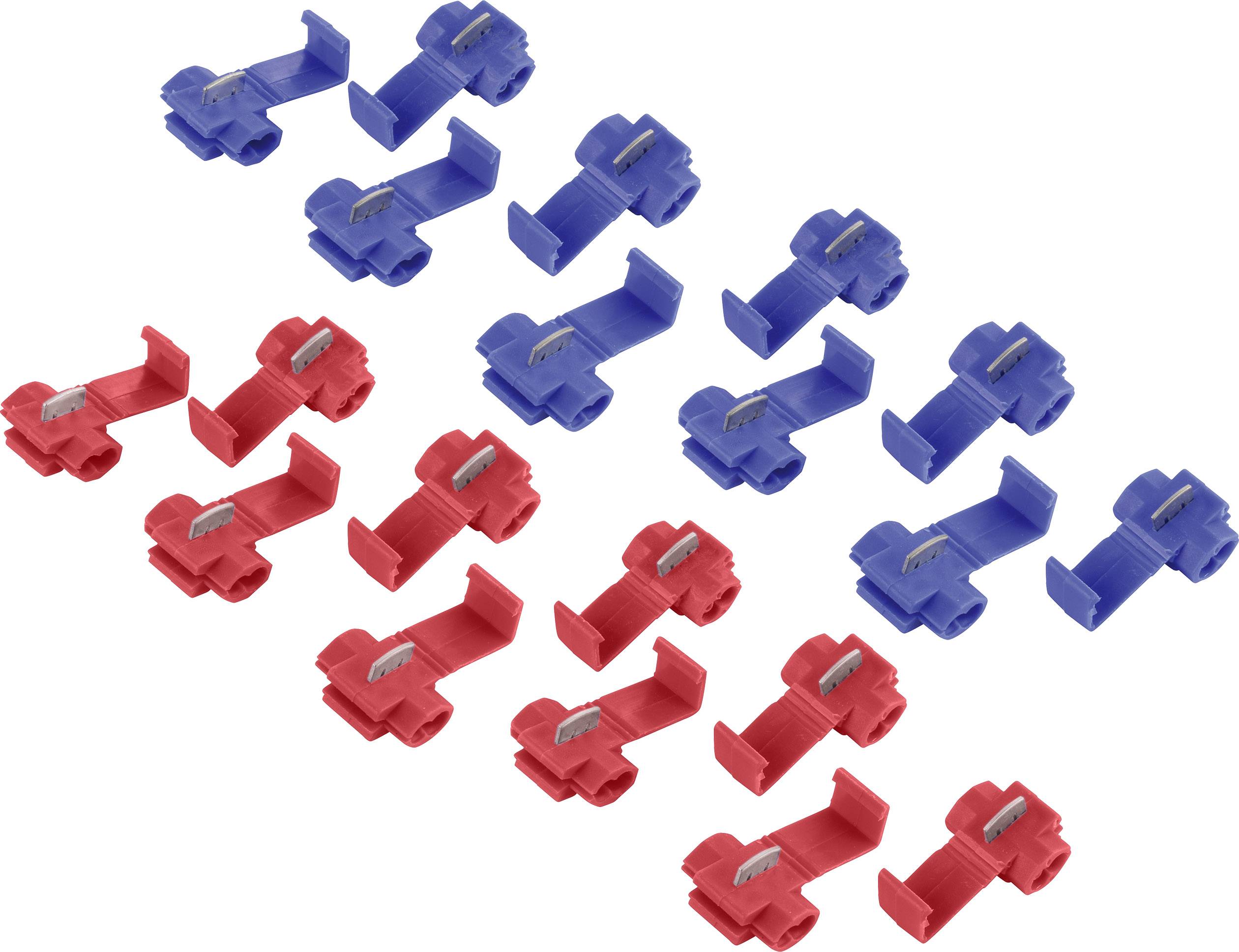 Plusieurs connecteurs de câbles rouges et bleus disposés en deux rangées côte à côte, utilisés pour raccorder de manière sécurisée des lignes électriques.