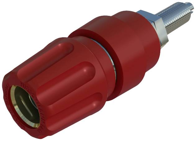 Prise de connexion banane rouge avec filetage métallique, utilisée pour les connexions électriques, sur fond blanc.