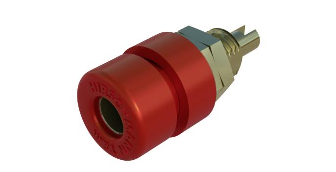 Cosse de câble rouge avec fixation à vis métallique, vue latérale. Adaptée pour les connexions électriques dans les appareils électroniques.