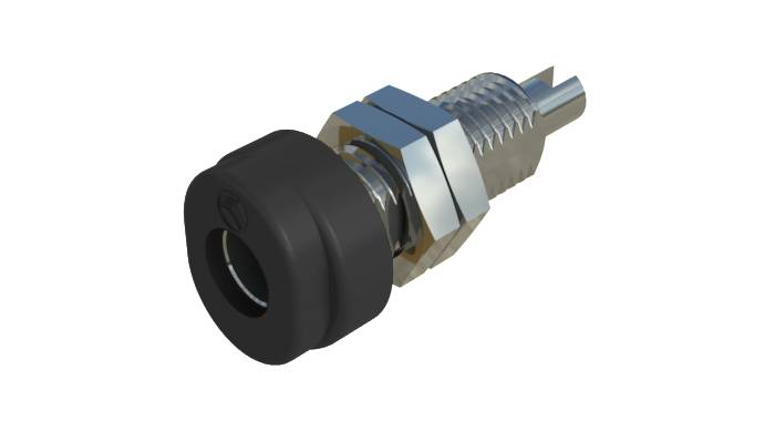 Un bouton noir sur un mécanisme de connexion métallique, intégré dans un filetage hexagonal.