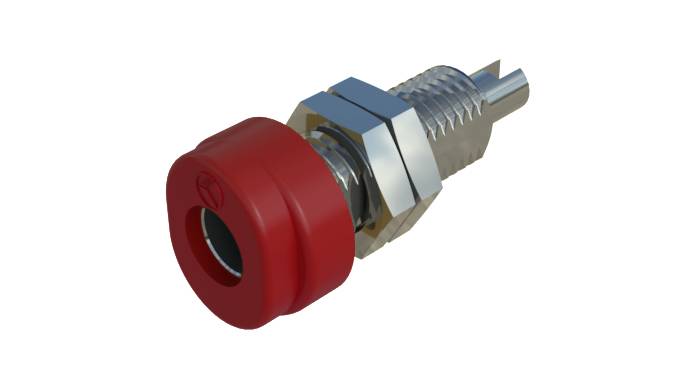 Une douille métallique avec un anneau en plastique rouge pour l'isolation. Utilisée dans les appareils électriques ou électroniques.