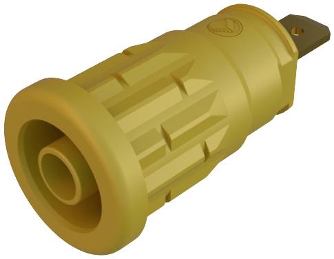 Adaptateur électrique jaune avec boîtier structuré et connexion métallique, conçu pour établir des connexions dans les circuits électriques.