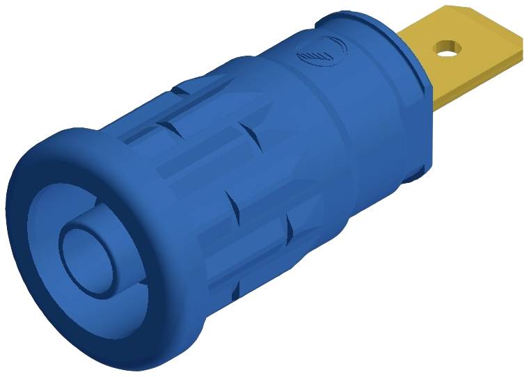 Un connecteur électrique bleu avec des broches de contact dorées.
