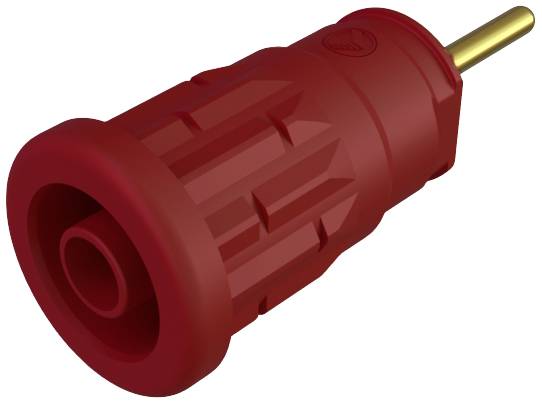 Connecteur de banane rouge avec embout de contact doré, représenté de côté.