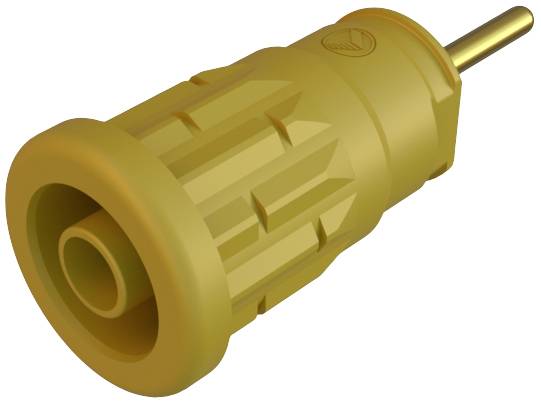 Connecteur électrique jaune avec surface striée, de forme cylindrique et comportant une unique broche métallique.