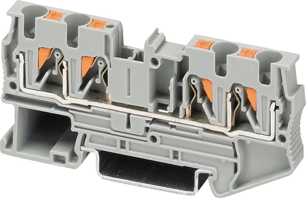 Bloc de bornes gris-orange pour câblage électrique. Adapté pour le raccordement de différents diamètres de câbles.