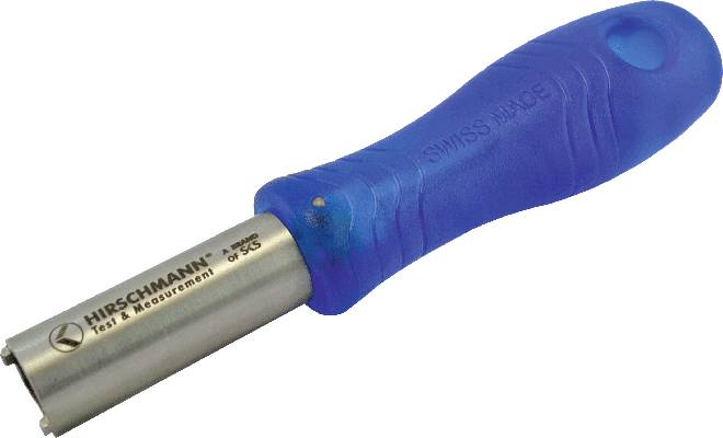 Un outil bleu avec un cylindre métallique, portant l'inscription 'Hirschmann Test & Measurement', utilisé pour des mesures de précision.