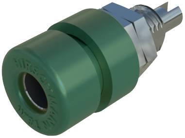 Un raccord hydraulique rapide vert, cylindrique, avec un embout métallique et un filetage intérieur, vu d'une perspective latérale.