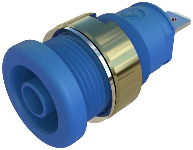 Un bouton-poussoir bleu à bordure métallique avec filetage, adapté aux applications électroniques ou mécaniques.