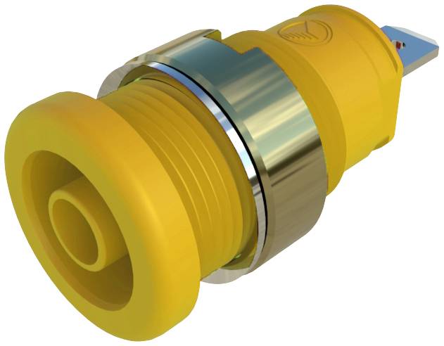 Composant jaune avec bague argentée, filetage et connexion bleue. Utilisation possible dans des dispositifs électroniques ou mécaniques.