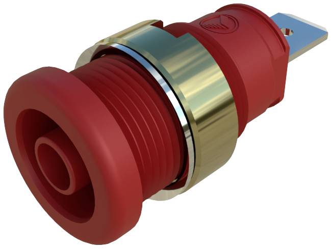Bouton-poussoir rouge avec carter métallique doré pour appareils électroniques.