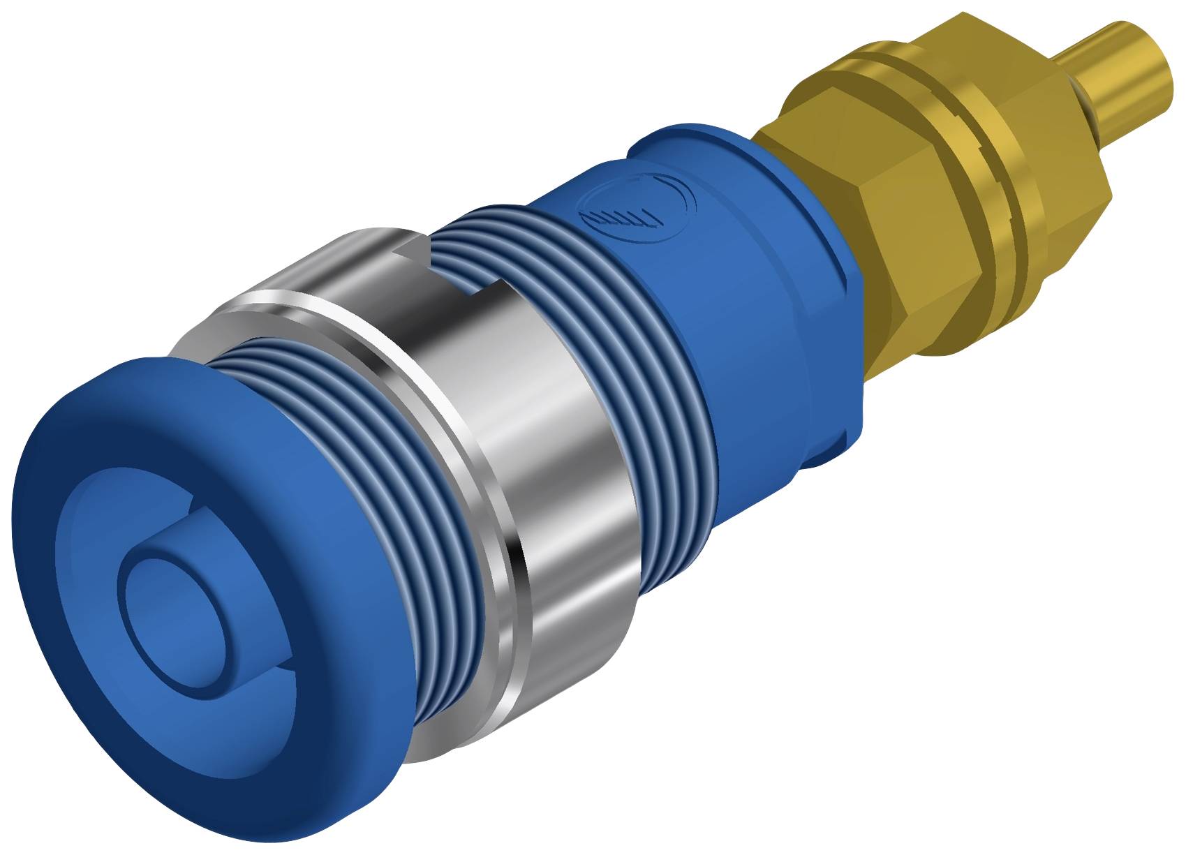 Un bouton-poussoir pneumatique bleu avec une tige métallique et un élément de fixation doré.