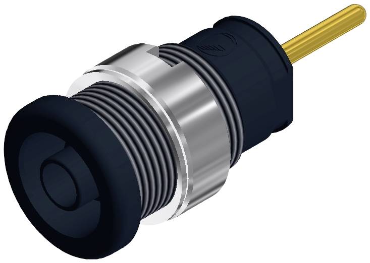 Interrupteur métallique à bouton-poussoir noir, avec filetage et broche de contact dorée, adapté aux applications électroniques.