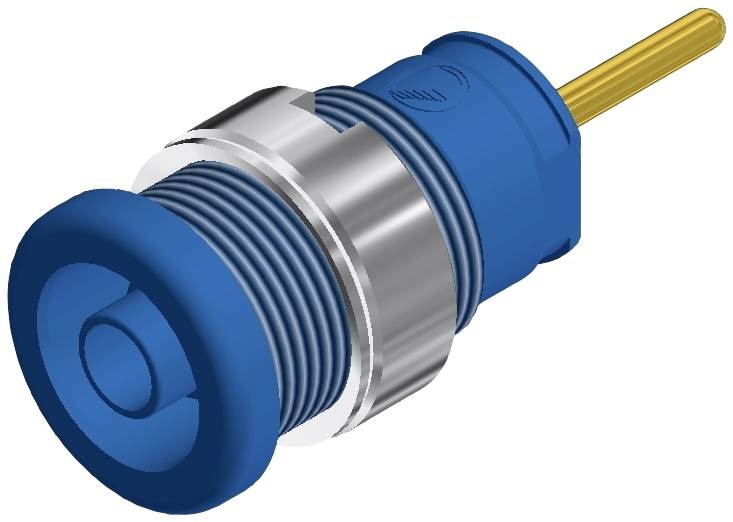 Un bouton poussoir bleu avec un cadre en métal argenté et un câble de connexion jaune, souvent utilisé pour commander des appareils.