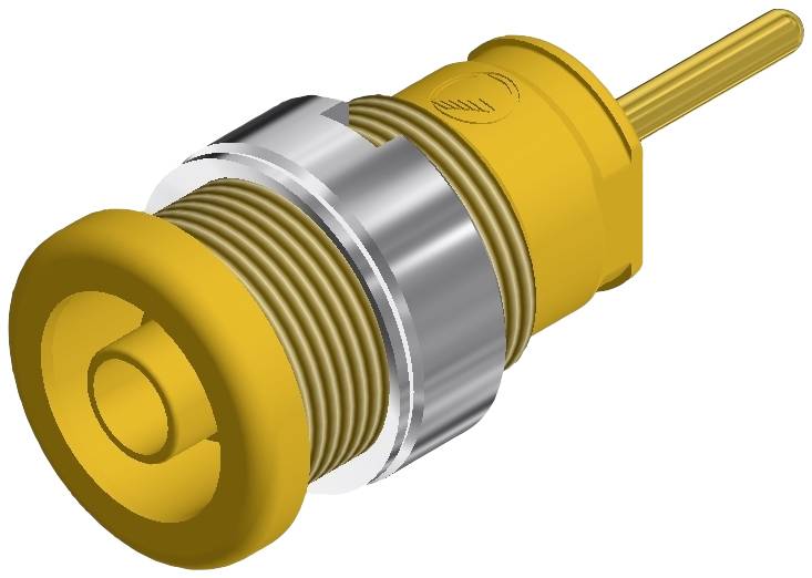 Pièce métallique jaune cylindrique avec filetage et câble. Pourrait être une fiche électrique.