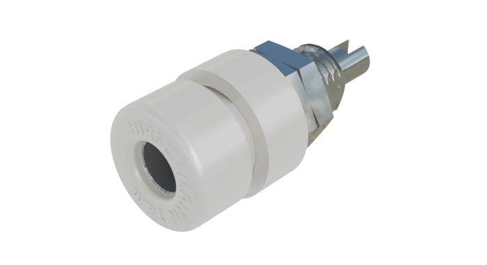 Un connecteur en plastique blanc avec un élément bleu et métallique, probablement adapté à une connexion mécanique ou électronique.