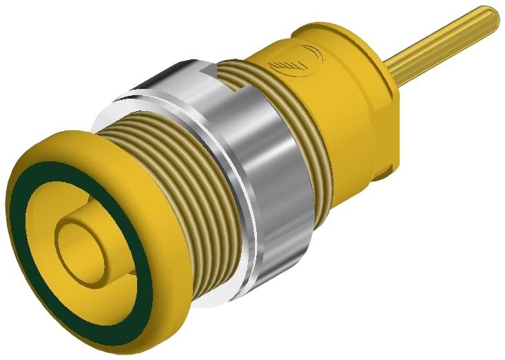 Un connecteur jaune et argenté avec une broche saillante, utilisé pour les connexions électriques.