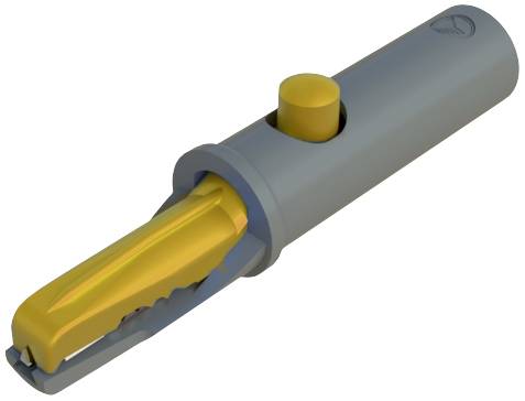 Un objet cylindrique gris avec une poignée jaune antidérapante et un bouton-poussoir, probablement un embout d'outil.