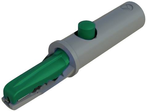 Un adaptateur vert dans un boîtier en plastique gris avec un bouton sur le côté, utilisé pour les connexions électriques.