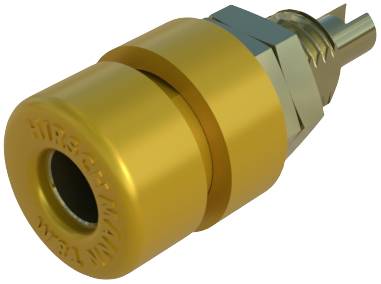 Un connecteur technique de couleur dorée de forme cylindrique portant l'inscription 'Hirschmann', avec des filets et une extrémité de connexion visibles.