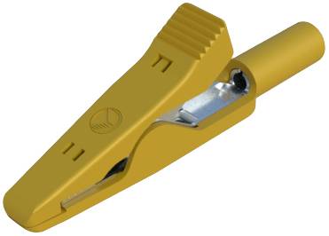 Une pince crocodile jaune avec une poignée striée et une ouverture à boucle métallique, utilisée pour établir un contact électrique sur des câbles.