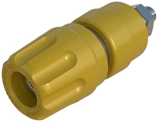 Un adaptateur jaune, cylindrique, à surface striée et doté d'un composant métallique argenté sur un côté.
