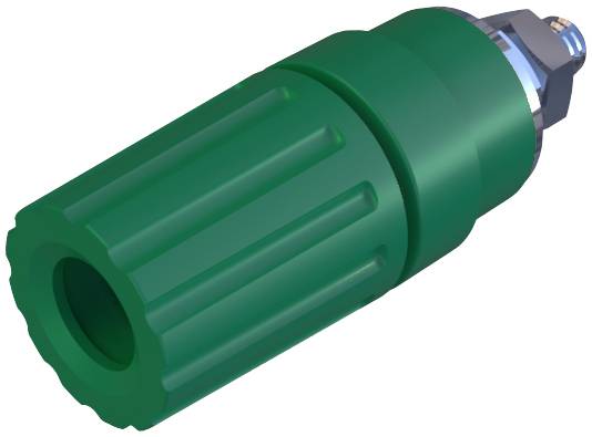 Une pièce en plastique verte, cylindrique, avec une surface striée et une connexion métallique, probablement un composant d'un dispositif technique.