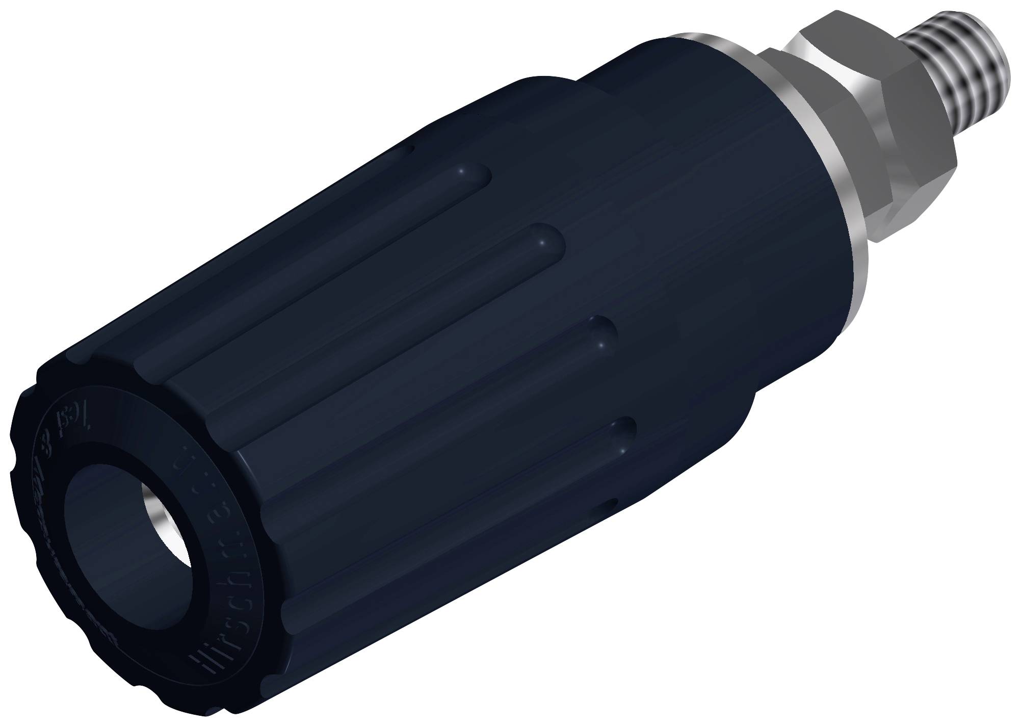 Un adaptateur noir cylindrique avec un embout fileté. Il sera probablement utilisé pour des connexions dans des dispositifs techniques.