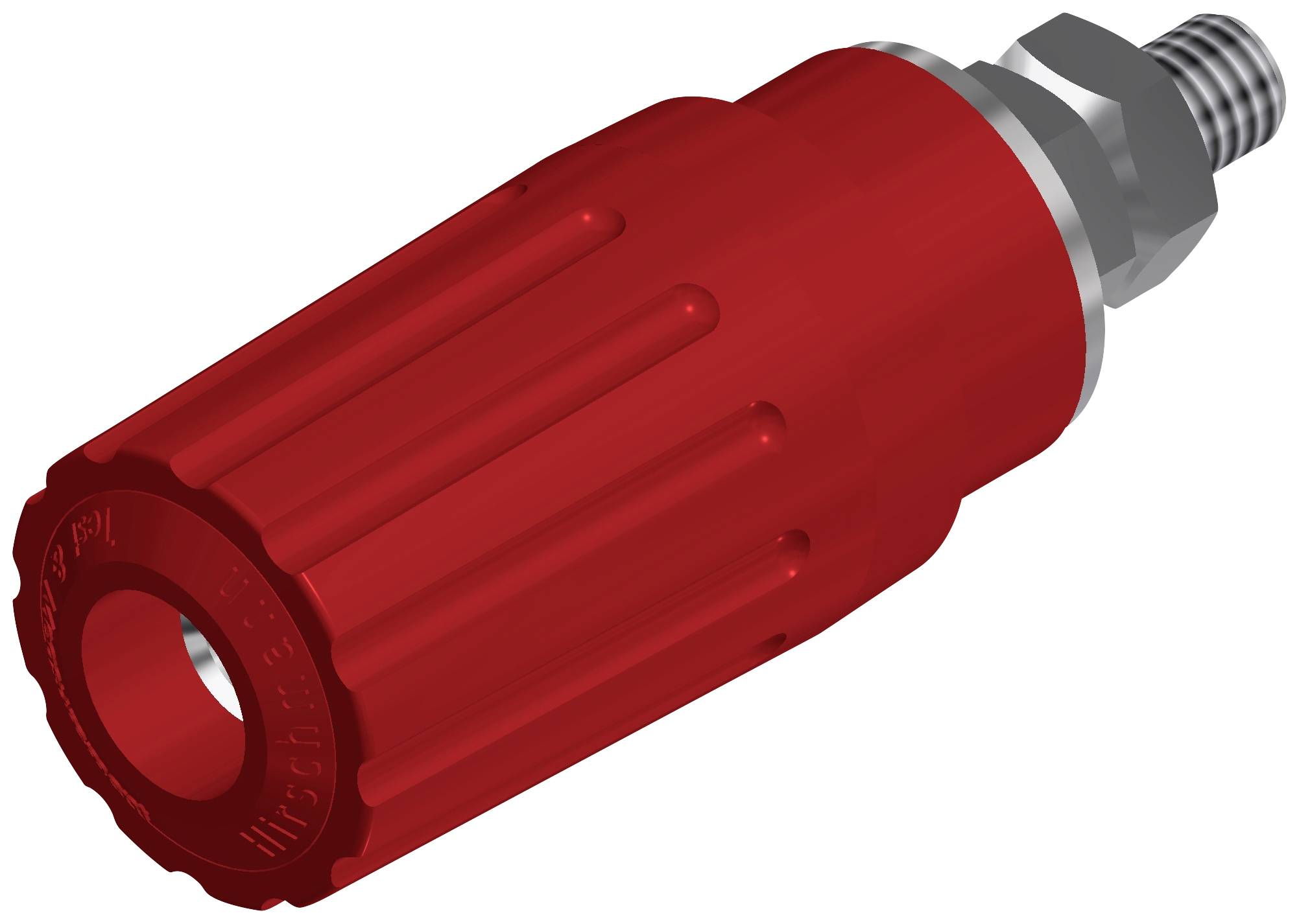 Raccord rapide rouge avec connexion métallique, pour systèmes pneumatiques. Design cylindrique avec poignée nervurée pour une prise en main facile.