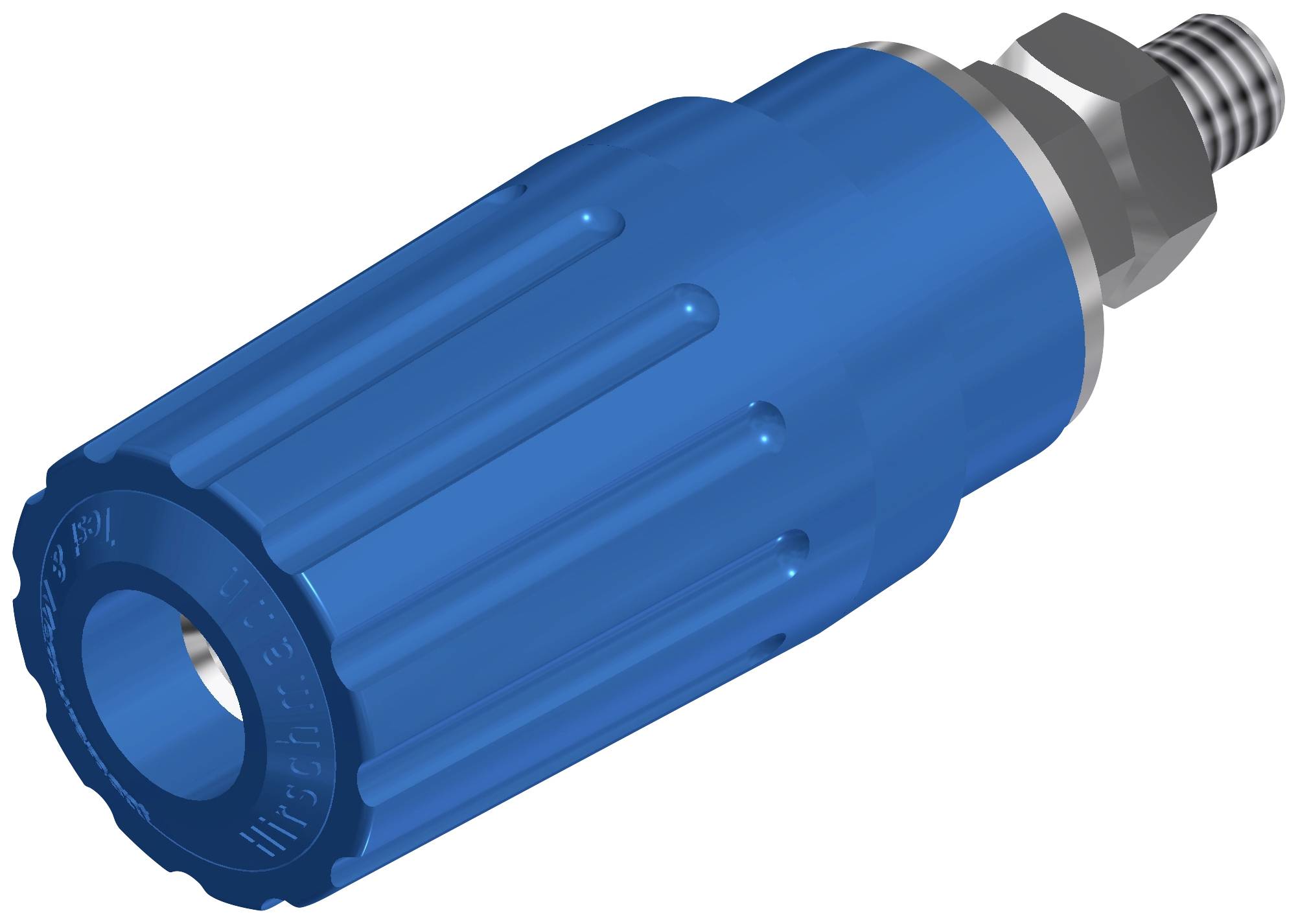 Connecteur rapide bleu avec surface striée et connexion métallique, destiné à être utilisé dans les systèmes pneumatiques.