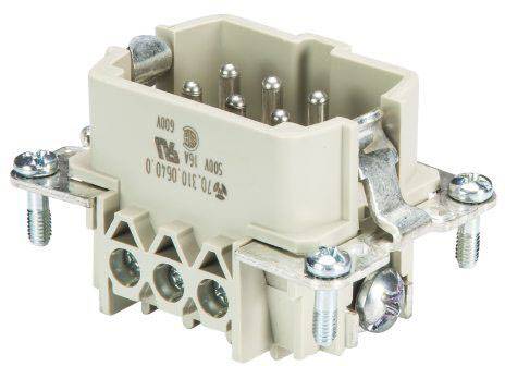 Un connecteur rectangulaire beige avec plusieurs broches métalliques et des trous de vis pour la fixation dans un dispositif électrique.