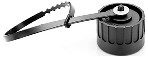Black plastic bottle cap with attached looped strap and metal clip, shown isolated on a white background.