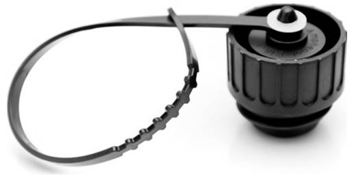 Black plastic bottle cap with attached tamper-evident band, shown open and separated from the cap.