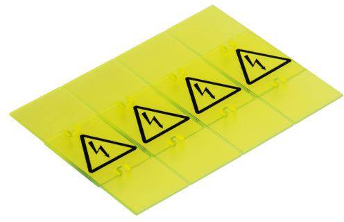 Surface jaune avec quatre symboles de danger noirs pour choc électrique. Les symboles montrent un éclair noir dans un triangle.